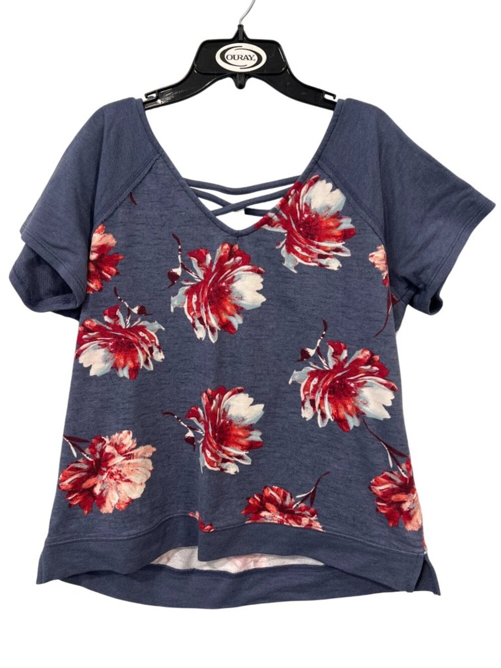 Maurices Floral Top Large Short Sleeve Blouse Criss Cross Back Blue Red Bohemian